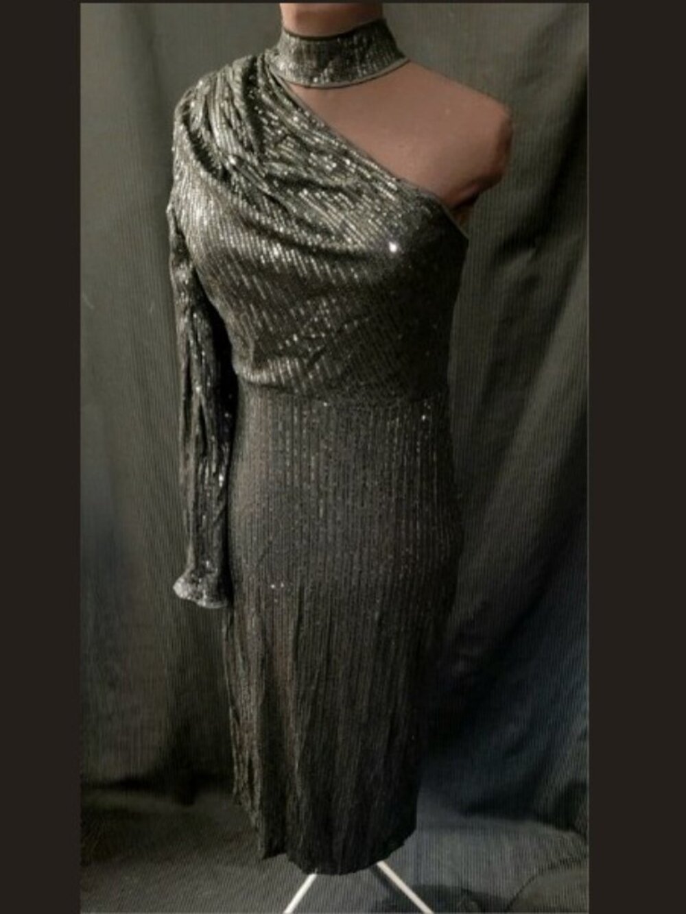 NWOT One Shoulder Black Sequin Midi Dress